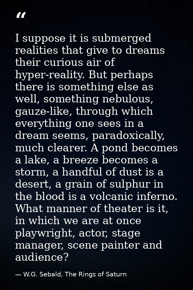 I suppose it is submerged realities that give to dreams their curious air of hyper-reality. But perhaps there is somethi — W.G. Sebald, The Rings of Saturn