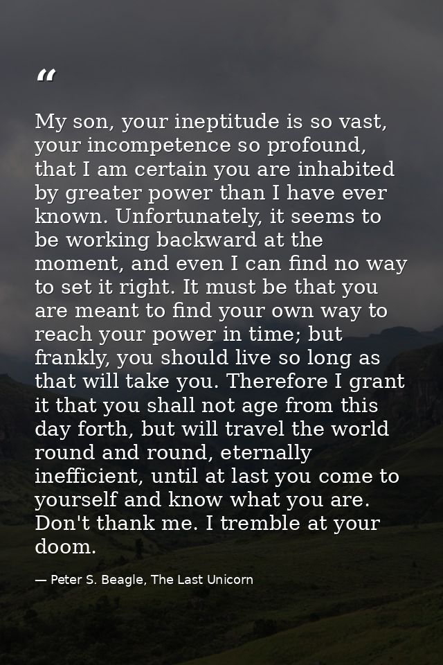 My son, your ineptitude is so vast, your incompetence so profound, that I am certain you are inhabited by greater power  — Peter S. Beagle, The Last Unicorn