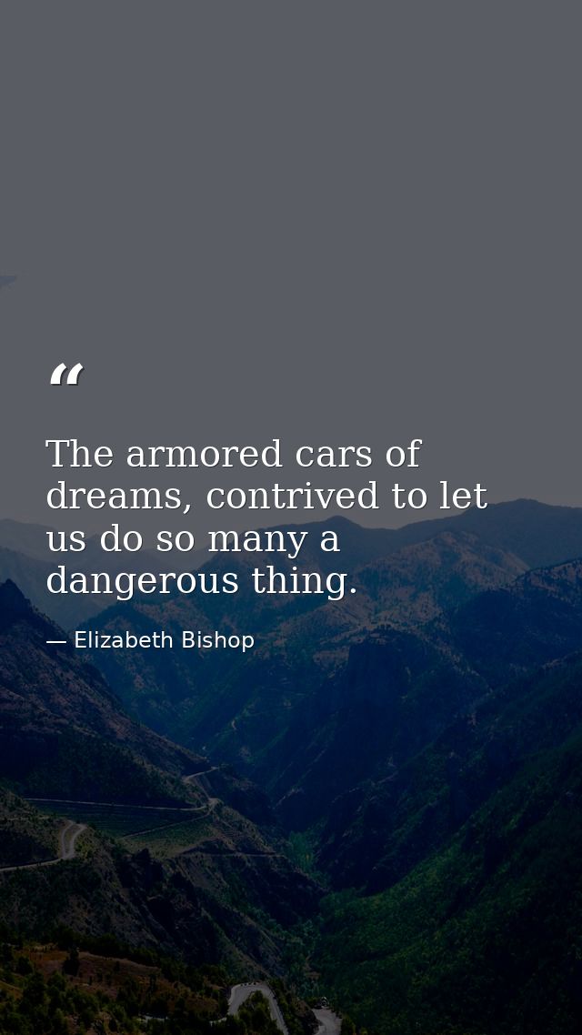 The armored cars of dreams, contrived to let us do so many a dangerous thing. — Elizabeth Bishop