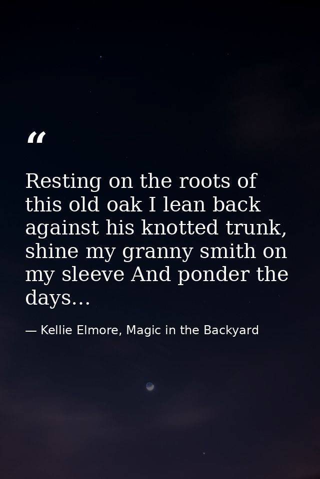 Resting on the roots of this old oak I lean back against his knotted trunk, shine my granny smith on my sleeve And ponde — Kellie Elmore, Magic in the Backyard