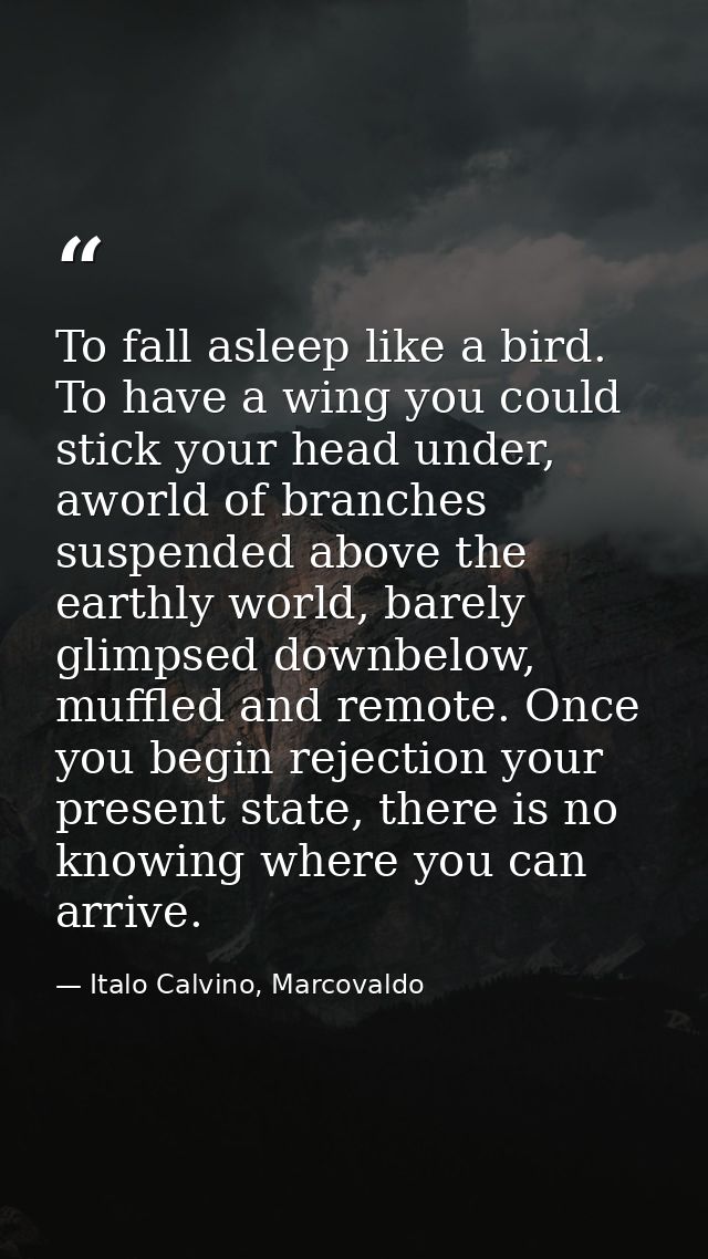 To fall asleep like a bird. To have a wing you could stick your head under, aworld of branches suspended above the earth — Italo Calvino, Marcovaldo