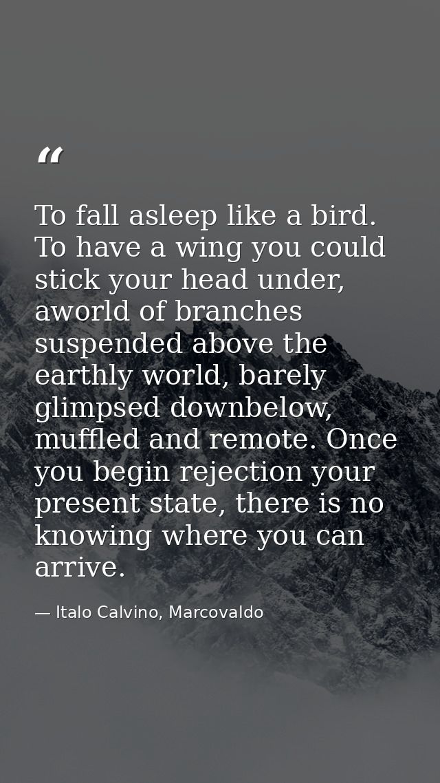 To fall asleep like a bird. To have a wing you could stick your head under, aworld of branches suspended above the earth — Italo Calvino, Marcovaldo