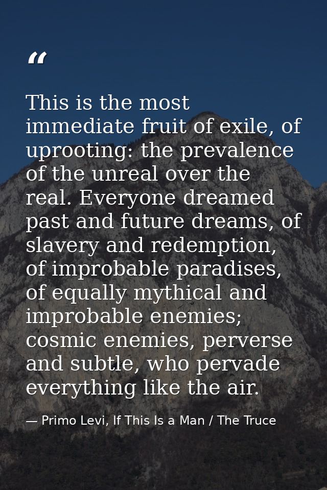 This is the most immediate fruit of exile, of uprooting: the prevalence of the unreal over the real. Everyone dreamed pa — Primo Levi, If This Is a Man / The Truce