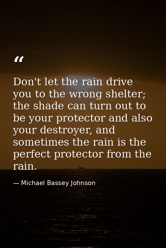 Don't let the rain drive you to the wrong shelter; the shade can turn out to be your protector and also your destroyer,  — Michael Bassey Johnson