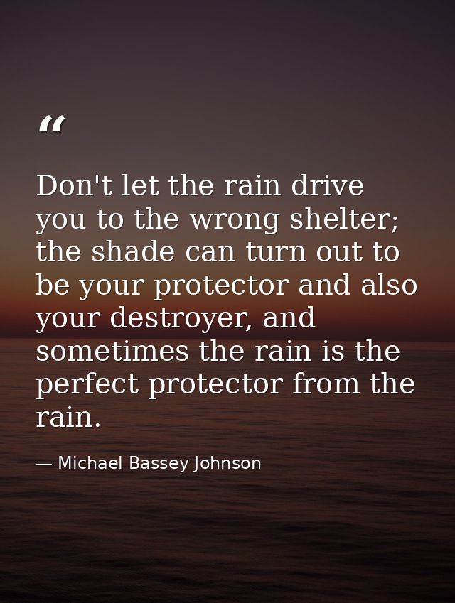 Don't let the rain drive you to the wrong shelter; the shade can turn out to be your protector and also your destroyer,  — Michael Bassey Johnson
