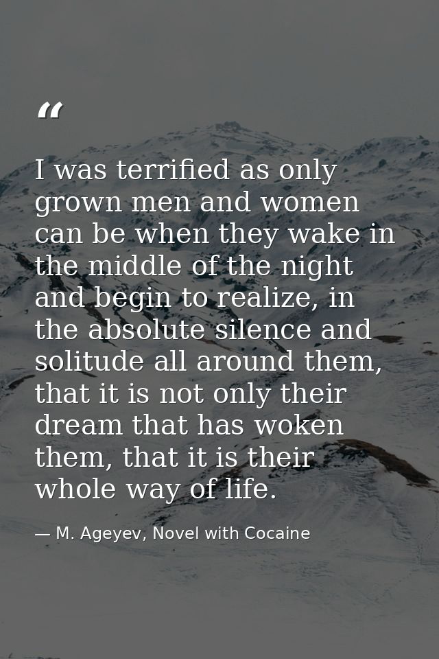 I was terrified as only grown men and women can be when they wake in the middle of the night and begin to realize, in th — M. Ageyev, Novel with Cocaine