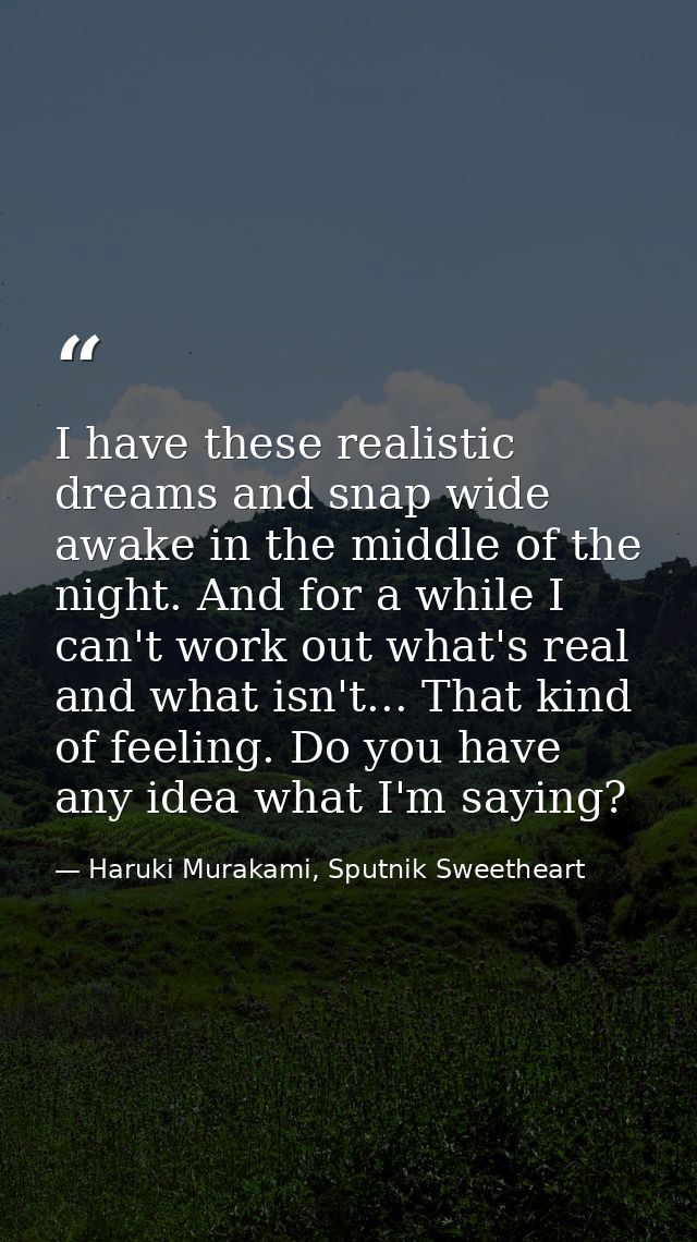 I have these realistic dreams and snap wide awake in the middle of the night. And for a while I can't work out what's re — Haruki Murakami, Sputnik Sweetheart