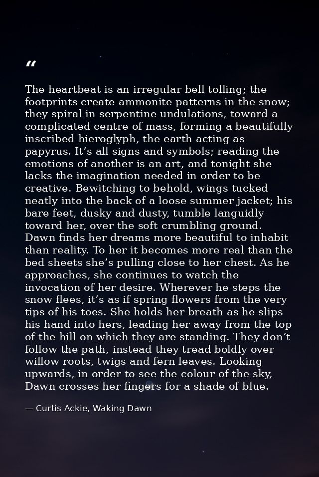 The heartbeat is an irregular bell tolling; the footprints create ammonite patterns in the snow; they spiral in serpenti — Curtis Ackie, Waking Dawn