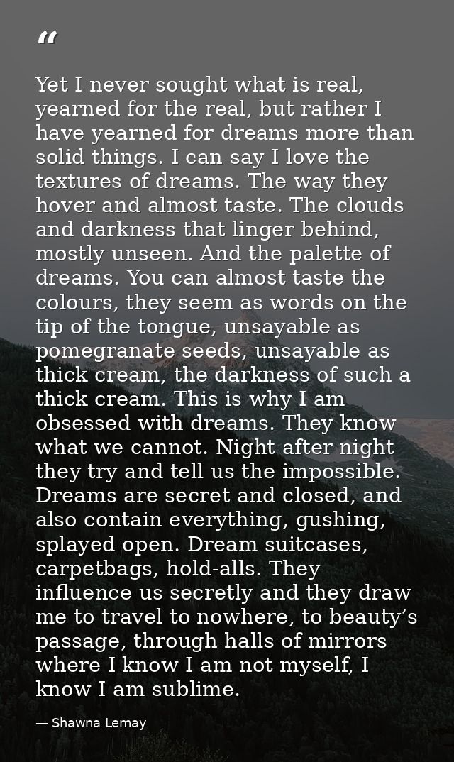 Yet I never sought what is real, yearned for the real, but rather I have yearned for dreams more than solid things. I ca — Shawna Lemay