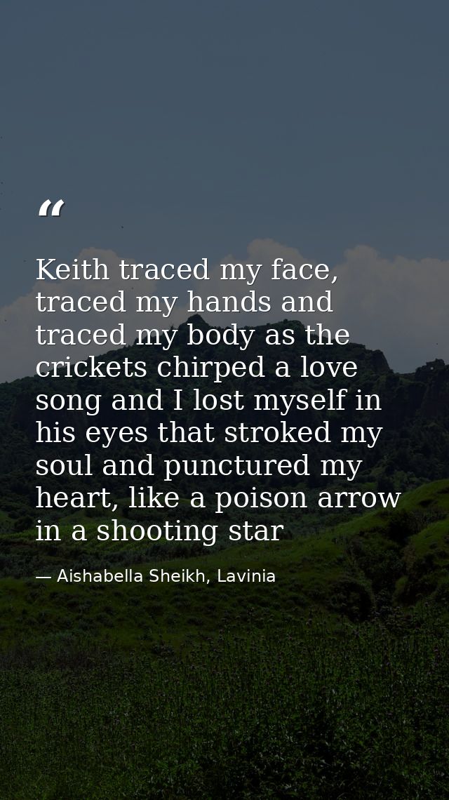 Keith traced my face, traced my hands and traced my body as the crickets chirped a love song and I lost myself in his ey — Aishabella Sheikh, Lavinia