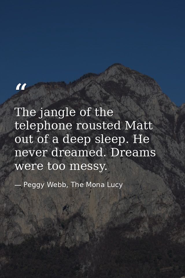 The jangle of the telephone rousted Matt out of a deep sleep. He never dreamed. Dreams were too messy. — Peggy Webb, The Mona Lucy