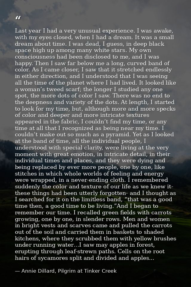 Last year I had a very unusual experience. I was awake, with my eyes closed, when I had a dream. It was a small dream ab — Annie Dillard, Pilgrim at Tinker Creek