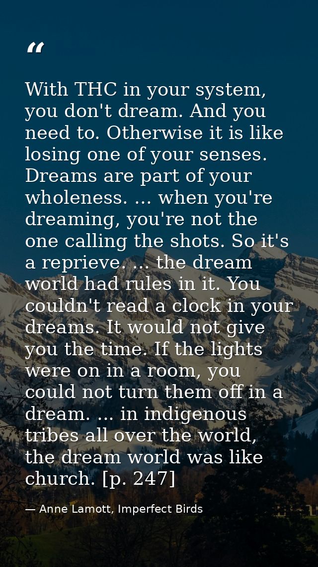 With THC in your system, you don't dream. And you need to. Otherwise it is like losing one of your senses. Dreams are pa — Anne Lamott, Imperfect Birds