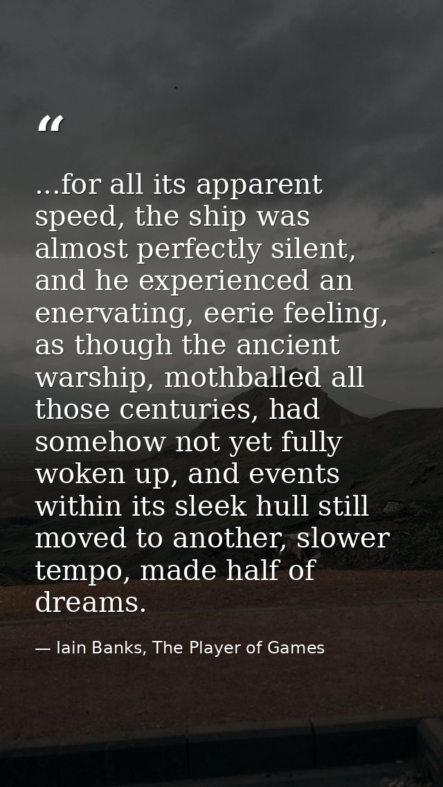 ...for all its apparent speed, the ship was almost perfectly silent, and he experienced an enervating, eerie feeling, as — Iain Banks, The Player of Games