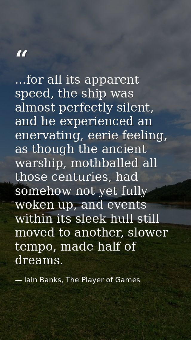 ...for all its apparent speed, the ship was almost perfectly silent, and he experienced an enervating, eerie feeling, as — Iain Banks, The Player of Games
