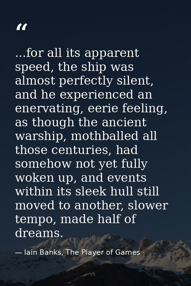 ...for all its apparent speed, the ship was almost perfectly silent, and he experienced an enervating, eerie feeling, as — Iain Banks, The Player of Games
