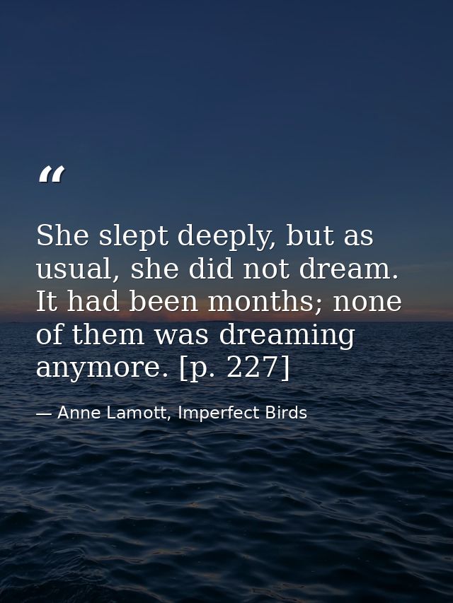 She slept deeply, but as usual, she did not dream. It had been months; none of them was dreaming anymore. [p. 227] — Anne Lamott, Imperfect Birds