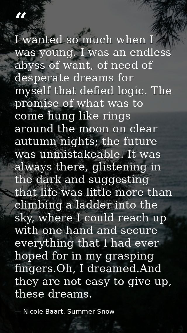 I wanted so much when I was young. I was an endless abyss of want, of need of desperate dreams for myself that defied lo — Nicole Baart, Summer Snow