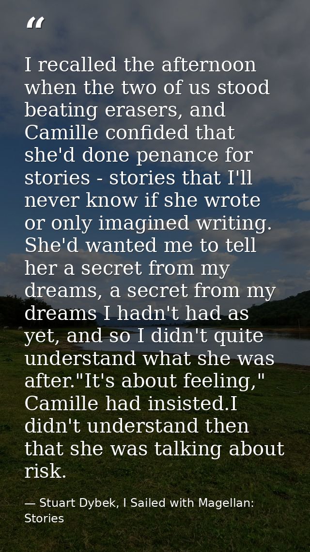 I recalled the afternoon when the two of us stood beating erasers, and Camille confided that she'd done penance for stor — Stuart Dybek, I Sailed with Magellan: Stories