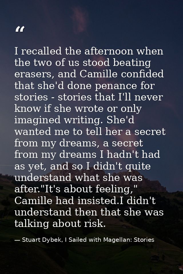 I recalled the afternoon when the two of us stood beating erasers, and Camille confided that she'd done penance for stor — Stuart Dybek, I Sailed with Magellan: Stories