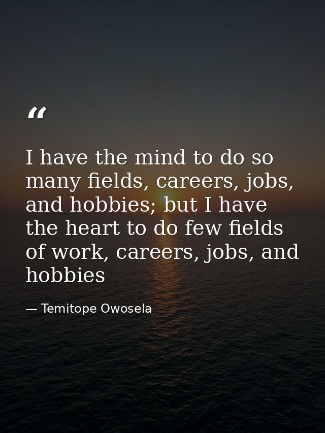 I have the mind to do so many fields, careers, jobs, and hobbies; but I have the heart to do few fields of work, careers — Temitope Owosela