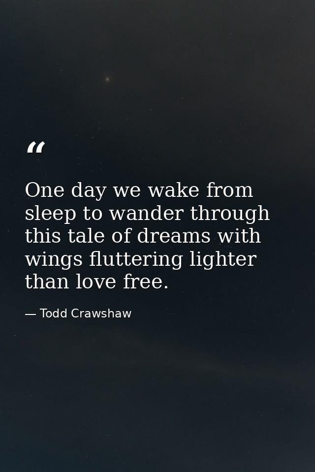 One day we wake from sleep to wander through this tale of dreams with wings fluttering lighter than love free. — Todd Crawshaw