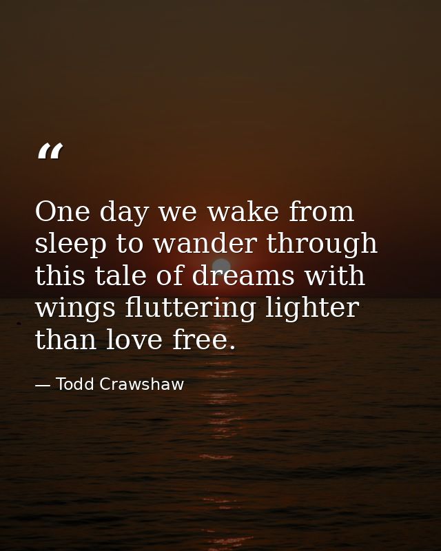 One day we wake from sleep to wander through this tale of dreams with wings fluttering lighter than love free. — Todd Crawshaw