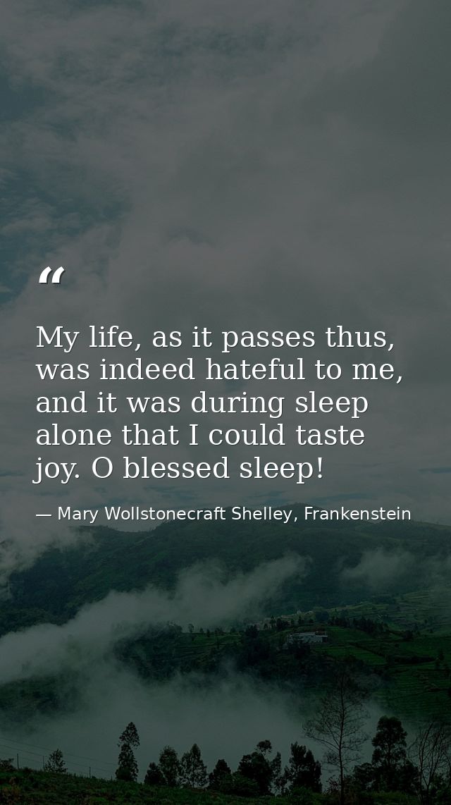 My life, as it passes thus, was indeed hateful to me, and it was during sleep alone that I could taste joy. O blessed sl — Mary Wollstonecraft Shelley, Frankenstein