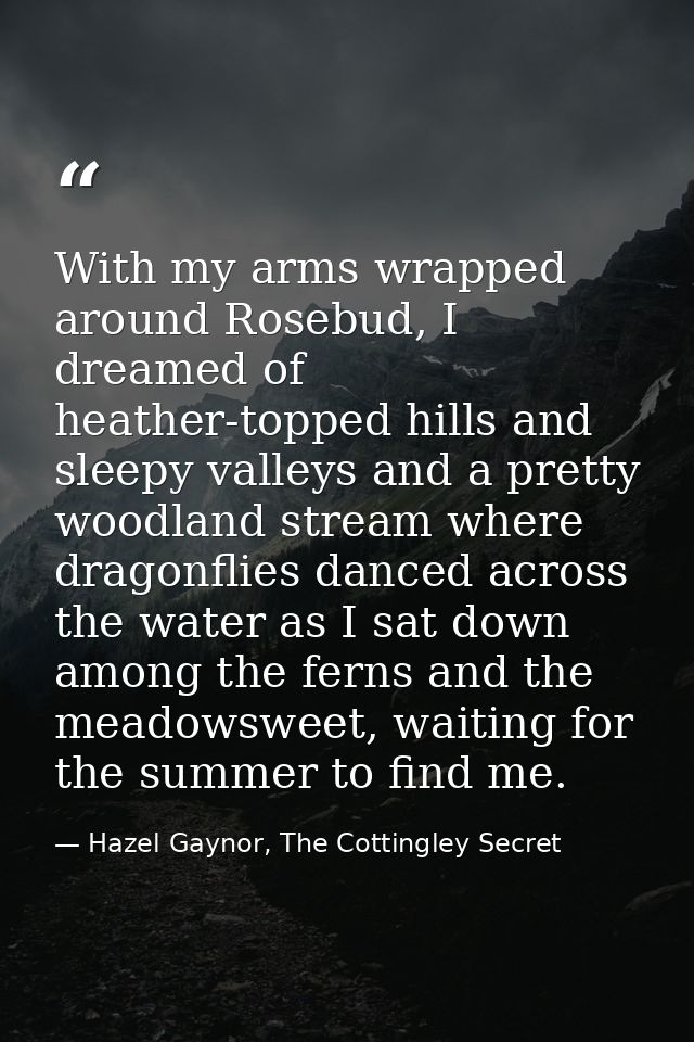With my arms wrapped around Rosebud, I dreamed of heather-topped hills and sleepy valleys and a pretty woodland stream w — Hazel Gaynor, The Cottingley Secret