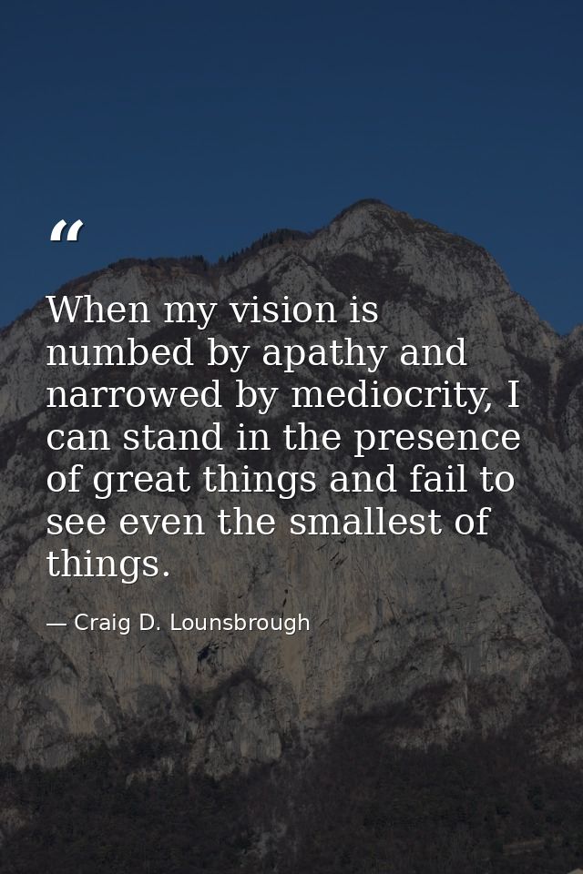 When my vision is numbed by apathy and narrowed by mediocrity, I can stand in the presence of great things and fail to s — Craig D. Lounsbrough