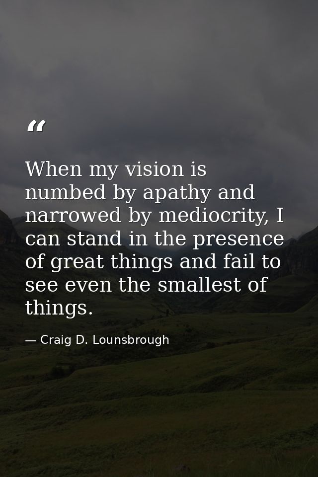 When my vision is numbed by apathy and narrowed by mediocrity, I can stand in the presence of great things and fail to s — Craig D. Lounsbrough