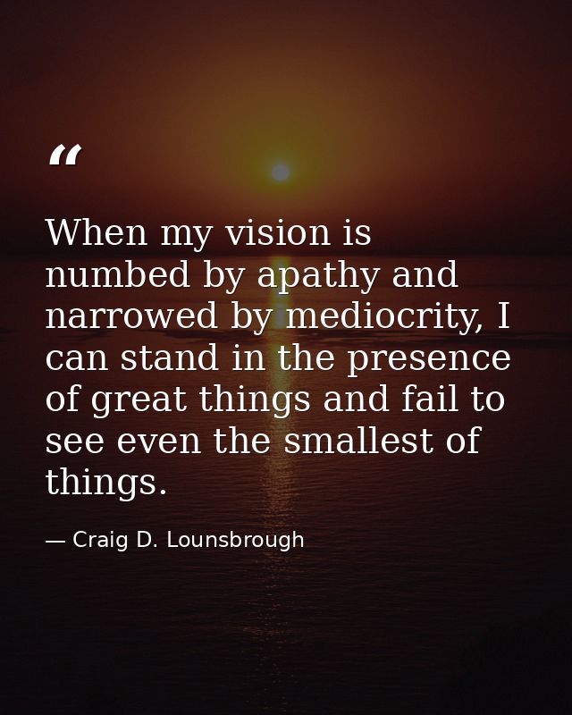 When my vision is numbed by apathy and narrowed by mediocrity, I can stand in the presence of great things and fail to s — Craig D. Lounsbrough