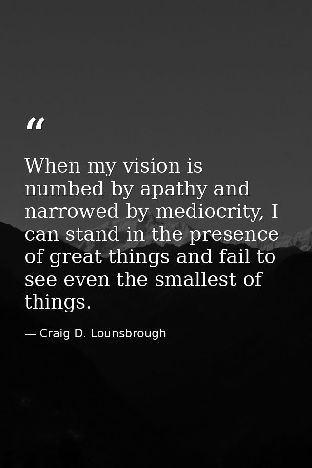When my vision is numbed by apathy and narrowed by mediocrity, I can stand in the presence of great things and fail to s — Craig D. Lounsbrough