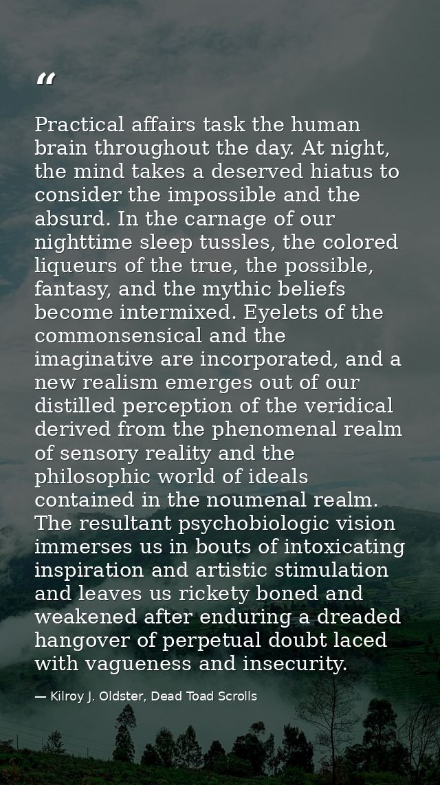 Practical affairs task the human brain throughout the day. At night, the mind takes a deserved hiatus to consider the im — Kilroy J. Oldster, Dead Toad Scrolls