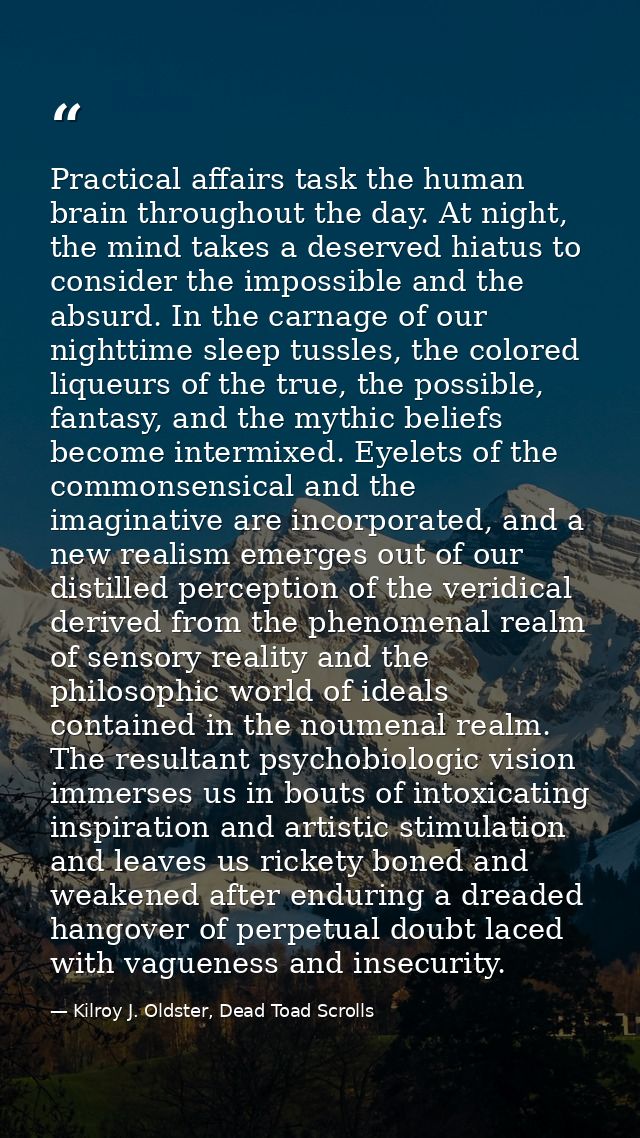 Practical affairs task the human brain throughout the day. At night, the mind takes a deserved hiatus to consider the im — Kilroy J. Oldster, Dead Toad Scrolls