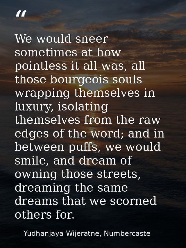 We would sneer sometimes at how pointless it all was, all those bourgeois souls wrapping themselves in luxury, isolating — Yudhanjaya Wijeratne, Numbercaste