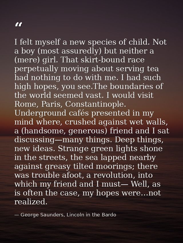 I felt myself a new species of child. Not a boy (most assuredly) but neither a (mere) girl. That skirt-bound race perpet — George Saunders, Lincoln in the Bardo
