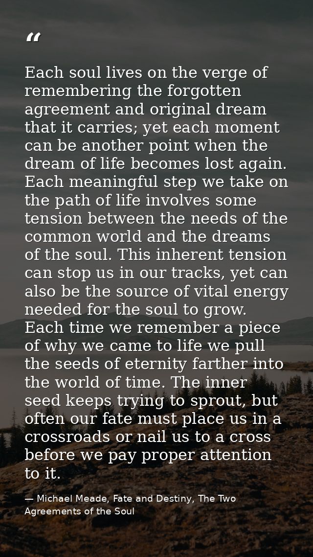 Each soul lives on the verge of remembering the forgotten agreement and original dream that it carries; yet each moment  — Michael Meade, Fate and Destiny, The Two Agreements of the Soul