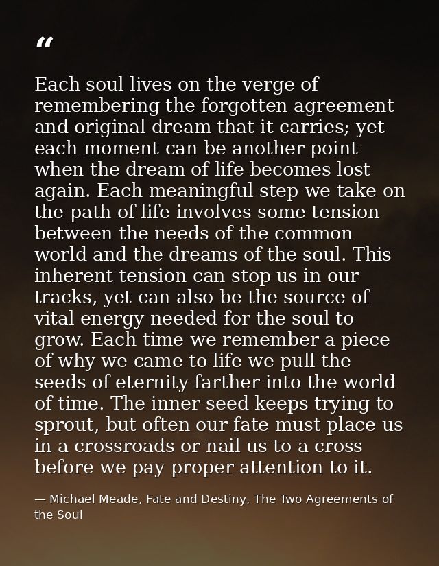 Each soul lives on the verge of remembering the forgotten agreement and original dream that it carries; yet each moment  — Michael Meade, Fate and Destiny, The Two Agreements of the Soul