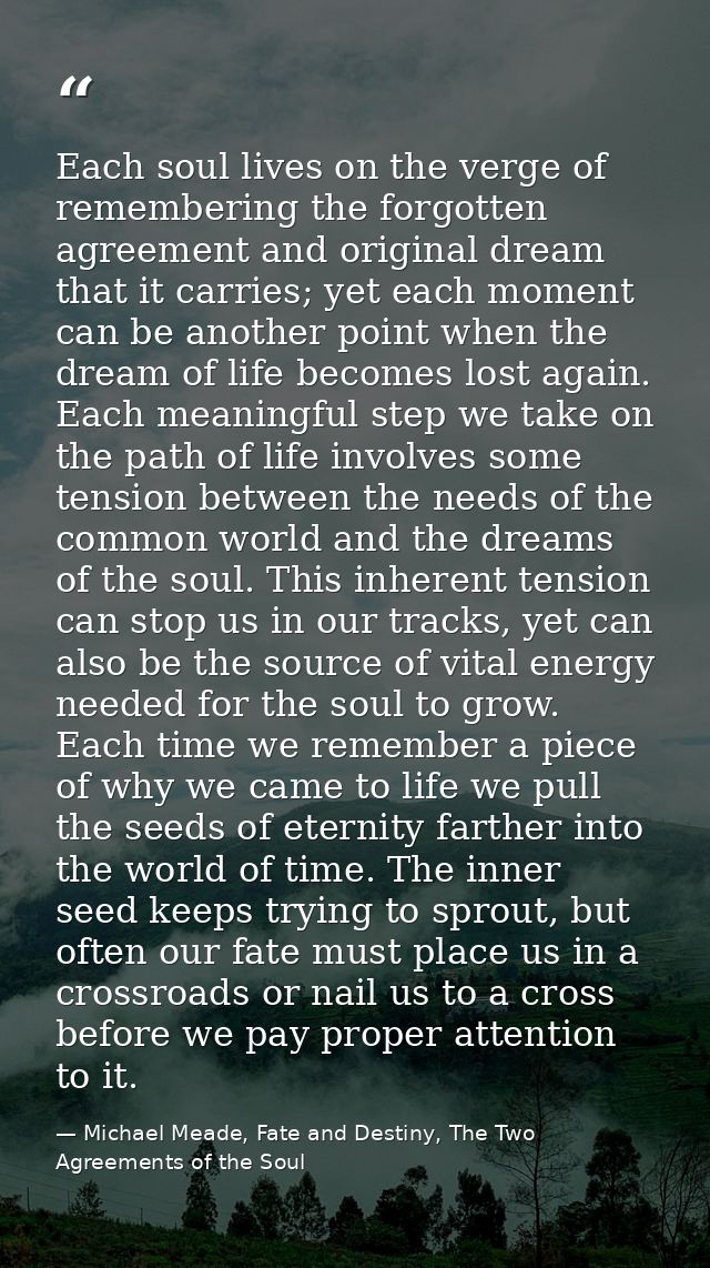 Each soul lives on the verge of remembering the forgotten agreement and original dream that it carries; yet each moment  — Michael Meade, Fate and Destiny, The Two Agreements of the Soul
