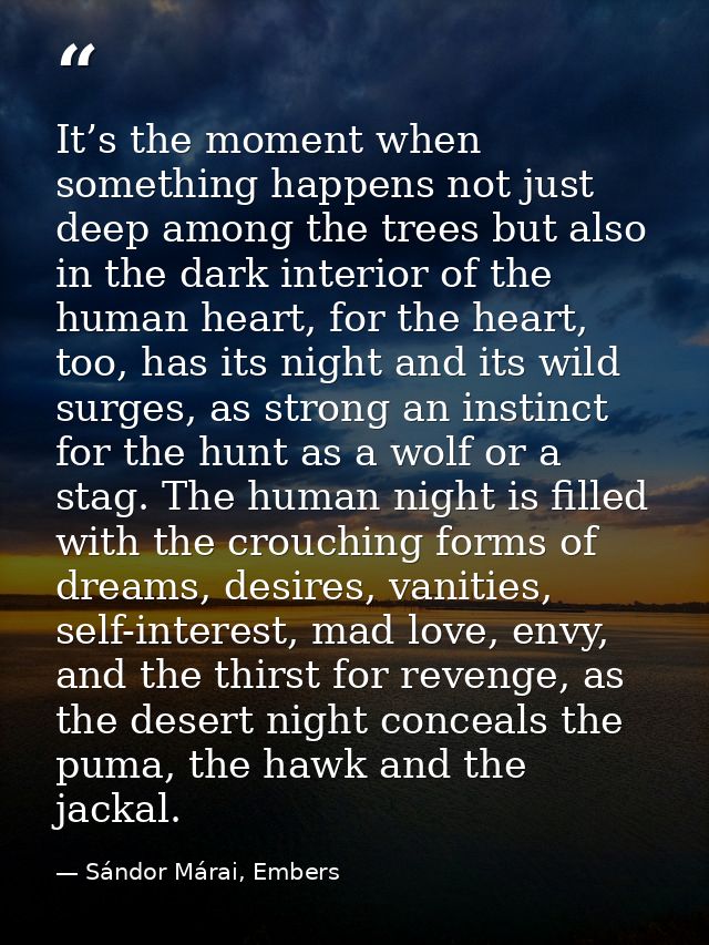 It’s the moment when something happens not just deep among the trees but also in the dark interior of the human heart, f — Sándor Márai, Embers