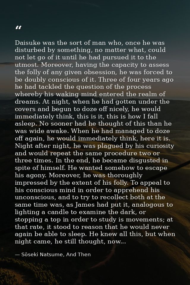 Daisuke was the sort of man who, once he was disturbed by something, no matter what, could not let go of it until he had — Sōseki Natsume, And Then