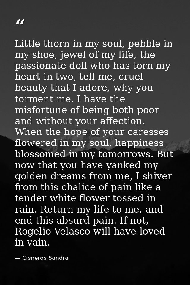Little thorn in my soul, pebble in my shoe, jewel of my life, the passionate doll who has torn my heart in two, tell me, — Cisneros Sandra