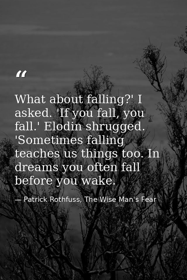 What about falling?' I asked. 'If you fall, you fall.' Elodin shrugged. 'Sometimes falling teaches us things too. In dre — Patrick Rothfuss, The Wise Man's Fear