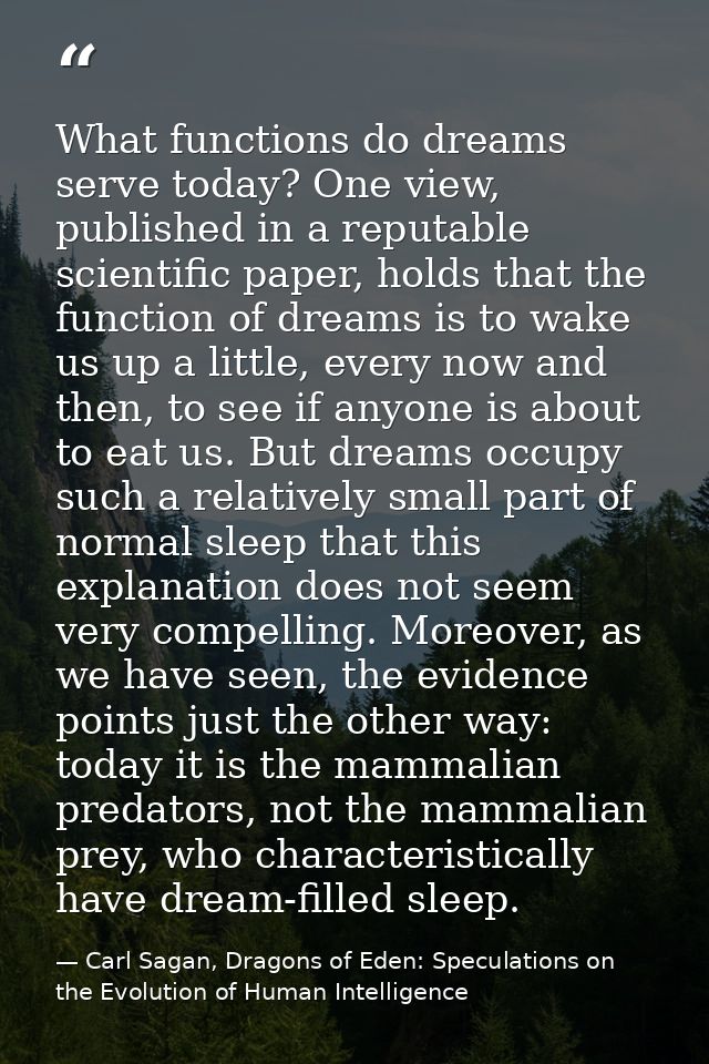 What functions do dreams serve today? One view, published in a reputable scientific paper, holds that the function of dr — Carl Sagan, Dragons of Eden: Speculations on the Evolution of Human Intelligence