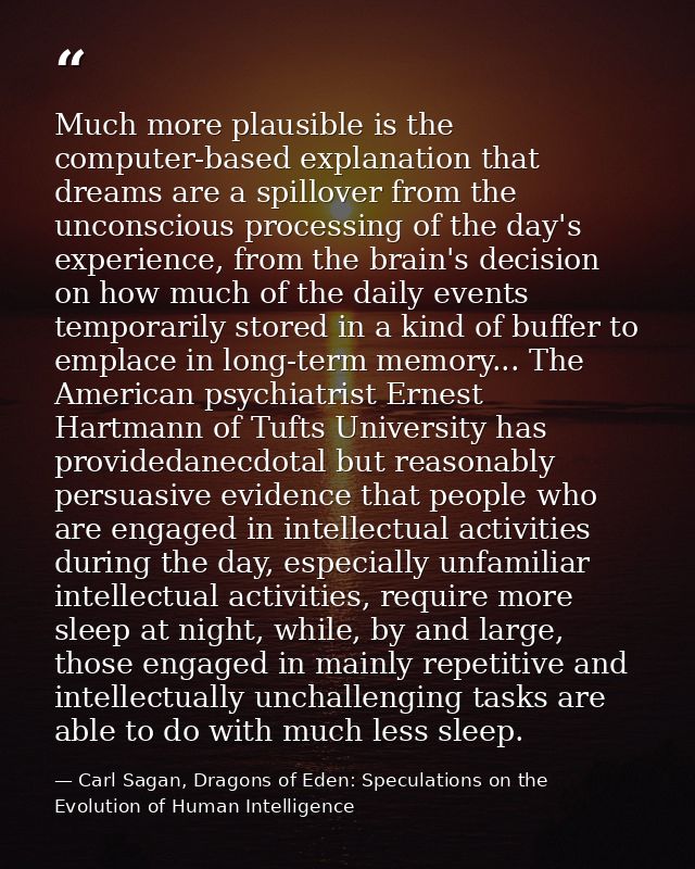 Much more plausible is the computer-based explanation that dreams are a spillover from the unconscious processing of the — Carl Sagan, Dragons of Eden: Speculations on the Evolution of Human Intelligence