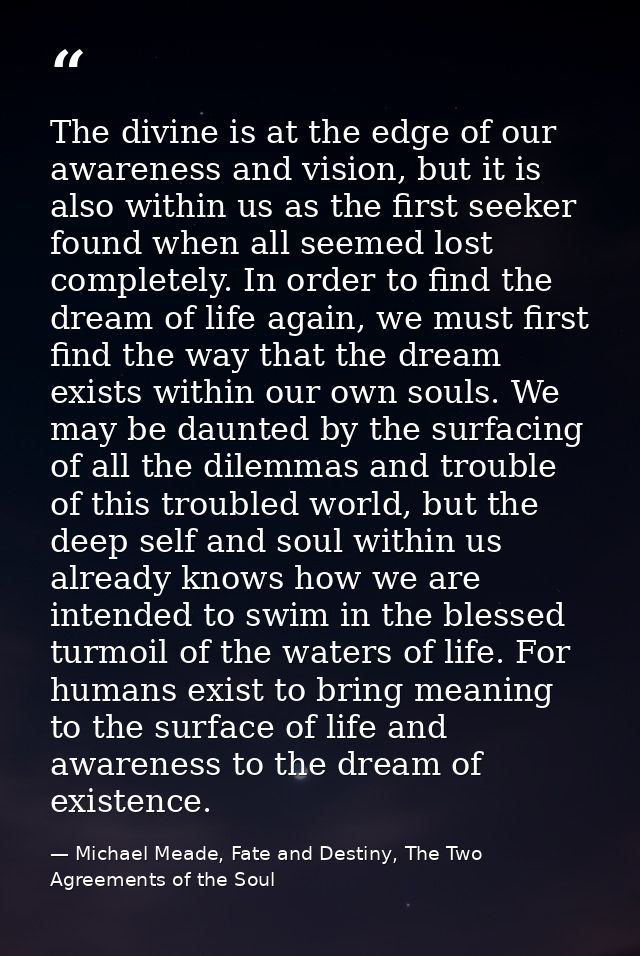 The divine is at the edge of our awareness and vision, but it is also within us as the first seeker found when all seeme — Michael Meade, Fate and Destiny, The Two Agreements of the Soul