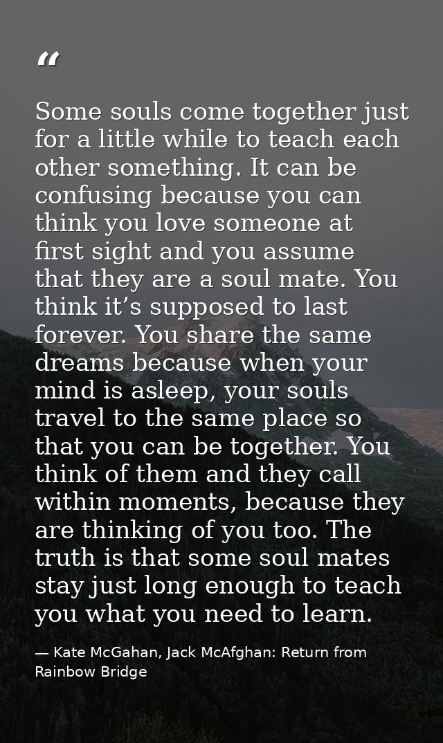 Some souls come together just for a little while to teach each other something. It can be confusing because you can thin — Kate McGahan, Jack McAfghan: Return from Rainbow Bridge