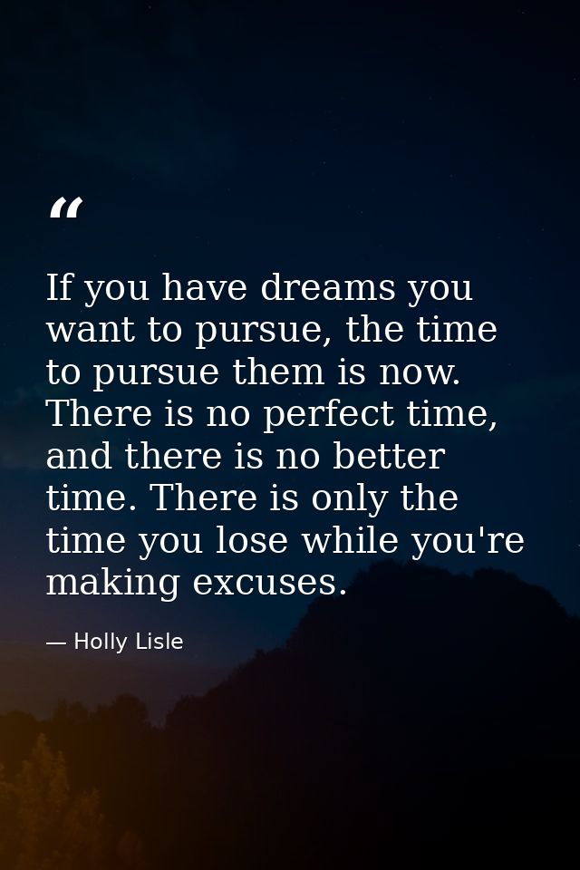 If you have dreams you want to pursue, the time to pursue them is now. There is no perfect time, and there is no better  — Holly Lisle