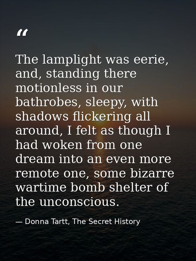 The lamplight was eerie, and, standing there motionless in our bathrobes, sleepy, with shadows flickering all around, I  — Donna Tartt, The Secret History